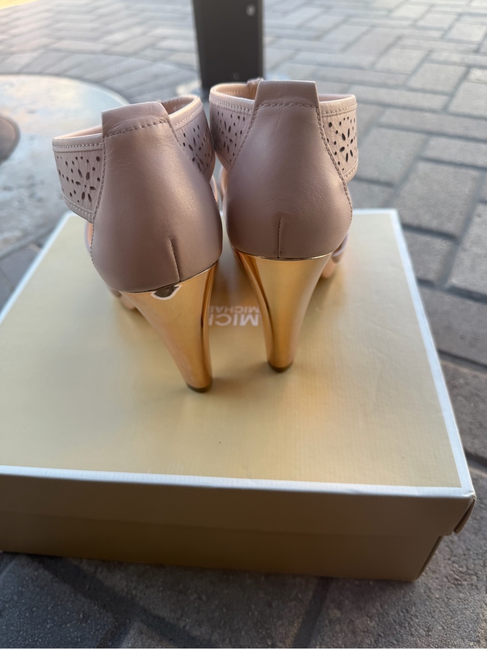 Michael Kors Blush Pink Perforated T-Strap Heels with Rose Gold Heel - Picture 2 of 10